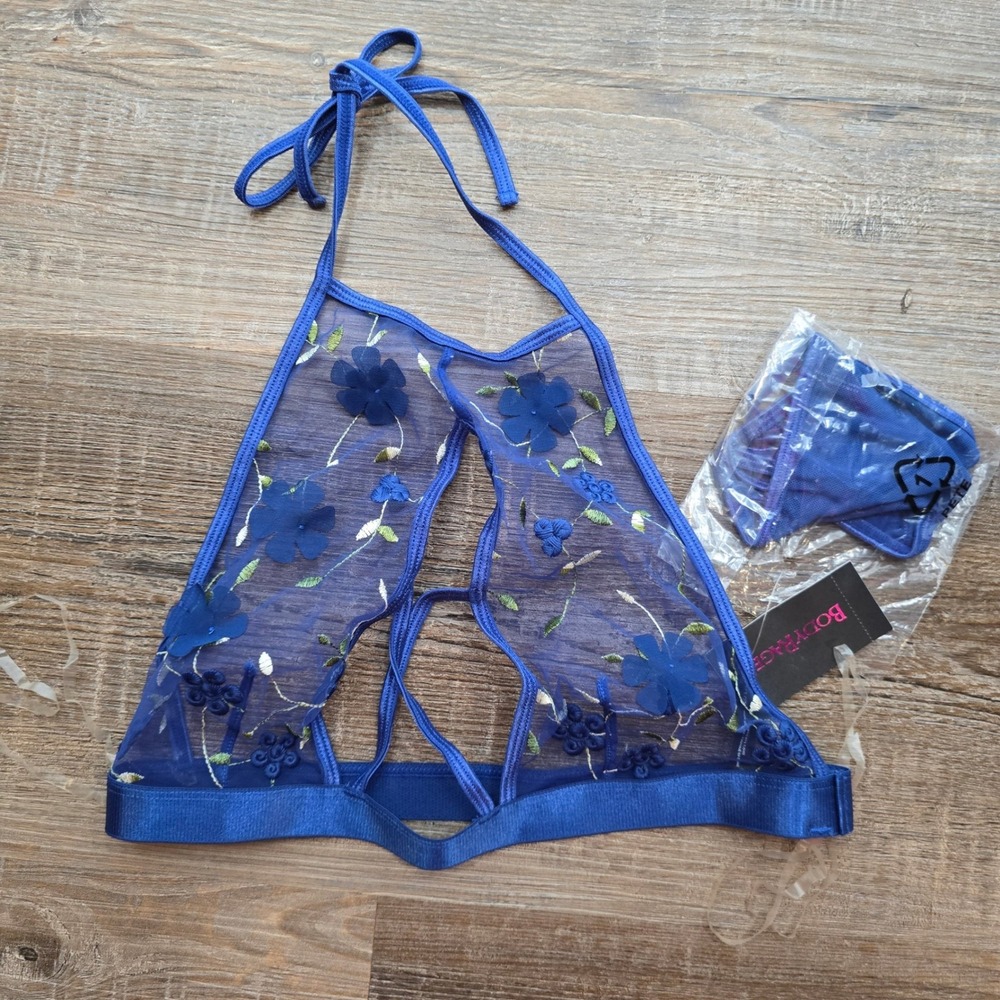 New BodyRage Blue Floral Embroidered Mesh Cage Bralette Strappy Sheer Top Small